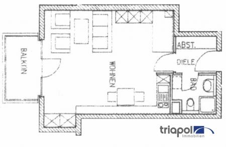Grundriss: Hübsche 1-Zi-Wohnung mit Laminatboden und Balkon in ruhiger und grüner Lage.