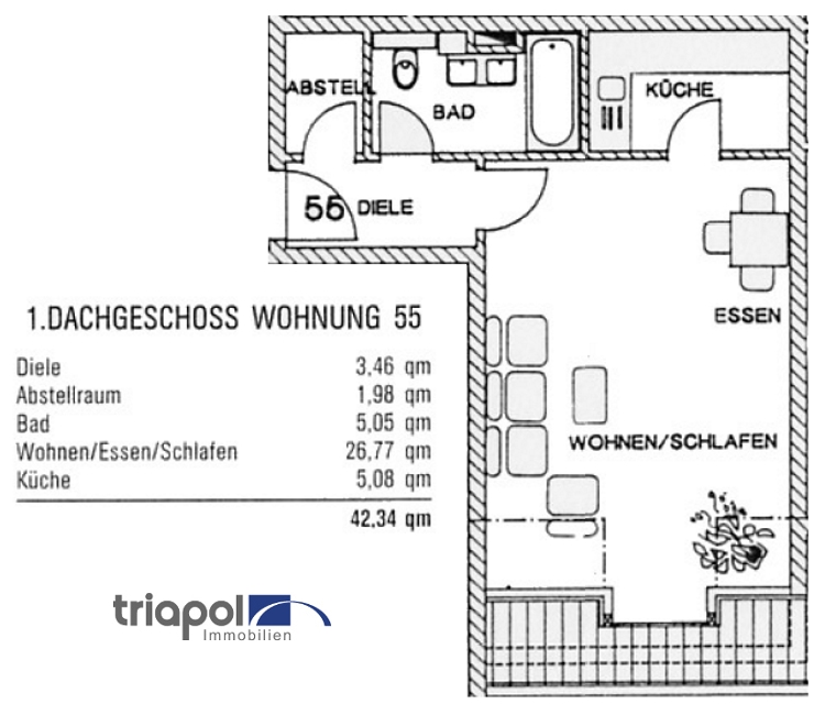 Grundriss: Geräumige 1-Zi-DG-Wohnung mit Einbauküche und neu gefliesten Bad in ruhiger und grüner Stadtrandlage.