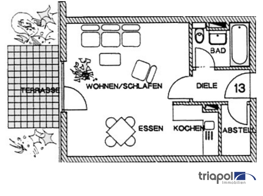 Grundriss: Gemütliche 1-Zi-Wohnung mit Terrasse am Stadtrand von Dresden.