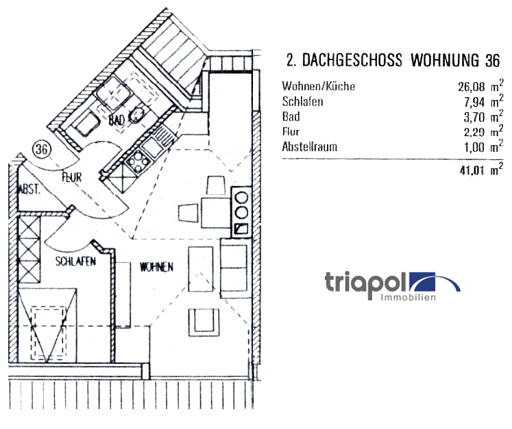 Grundriss: Helle 2-Zi.-Whg. im Dachgeschoss mit Laminatboden und Tageslichtbad.