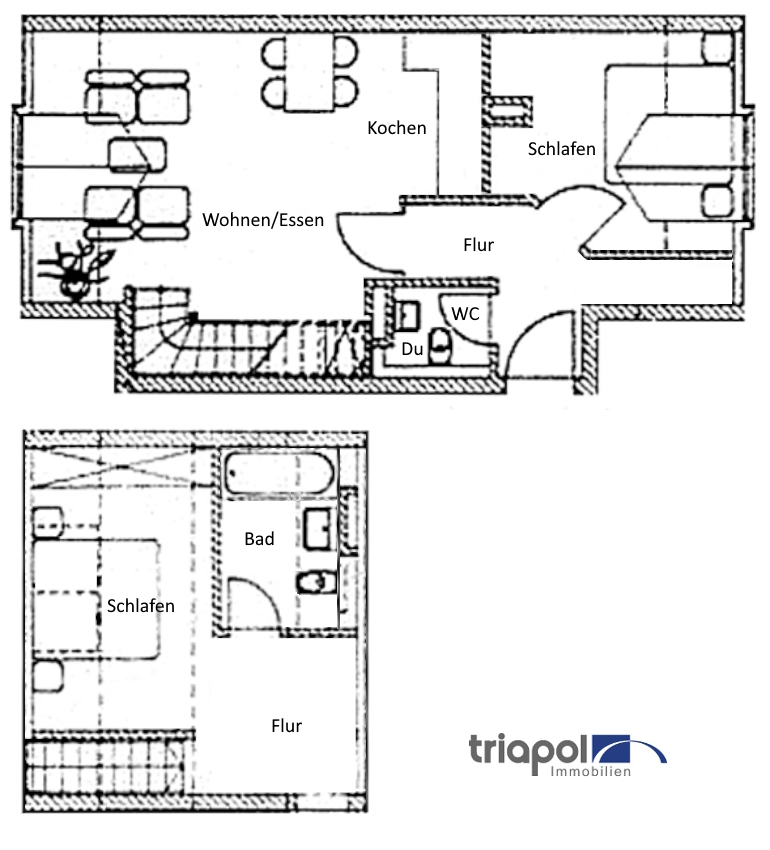 Grundriss: Individuelle 3-Zi-Maisonettewohnung mit Wanne, Dusche, Parkett und Gäste-WC.