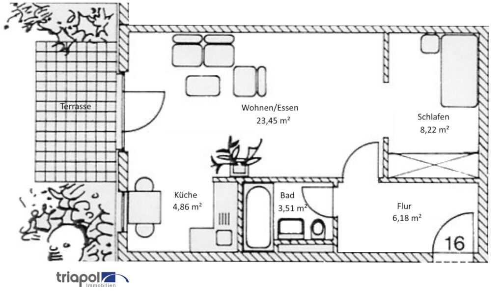 Grundriss: Gemütliche 1,5-Zi.-Whg. mit Terrasse in Dresden Weißig.