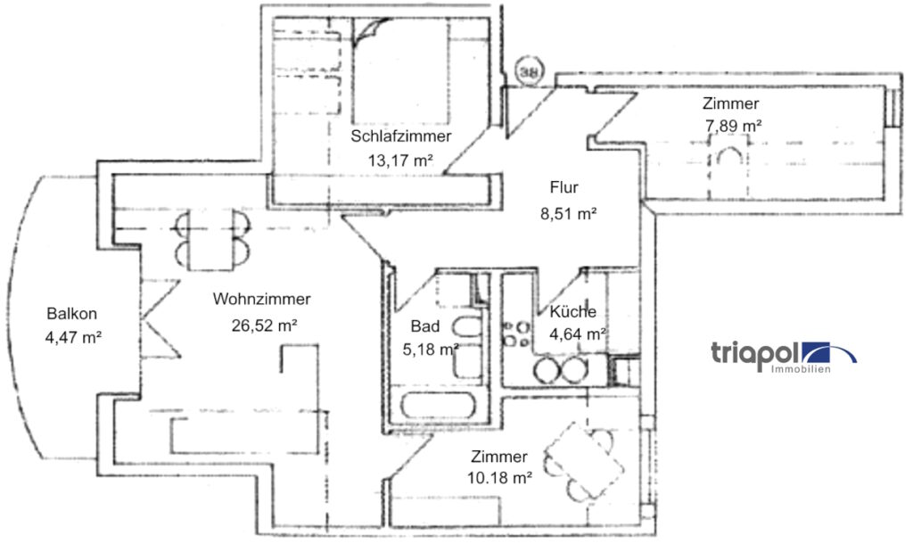 Grundriss: Ruhig gelegene Dachgeschosswohnung mit Balkon und TG-Stellplatz in ruhiger Stadtrandlage.