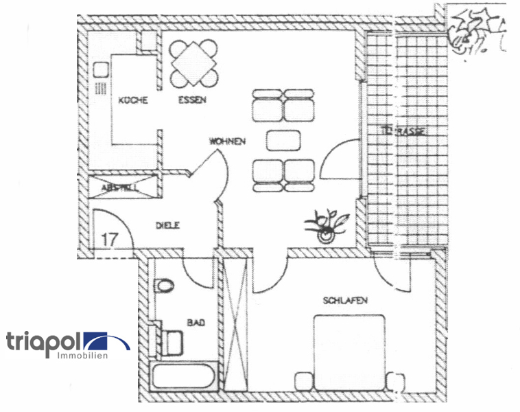 Grundriss: Großzügige 2-Zimmer-Wohnung mit Terrasse in ruhiger und grüner Stadtrandlage.