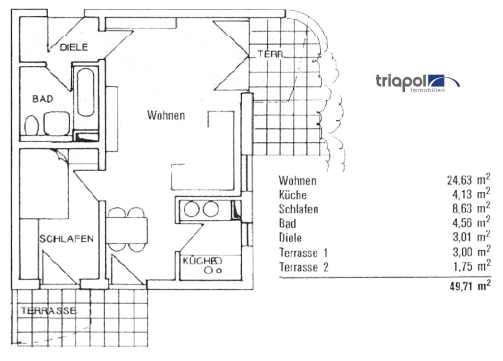 Grundriss: Gemütliche 2-Zi-Erdgeschosswohnung mit 2 Terrassen in ruhiger Stadtrandlage von Dresden.