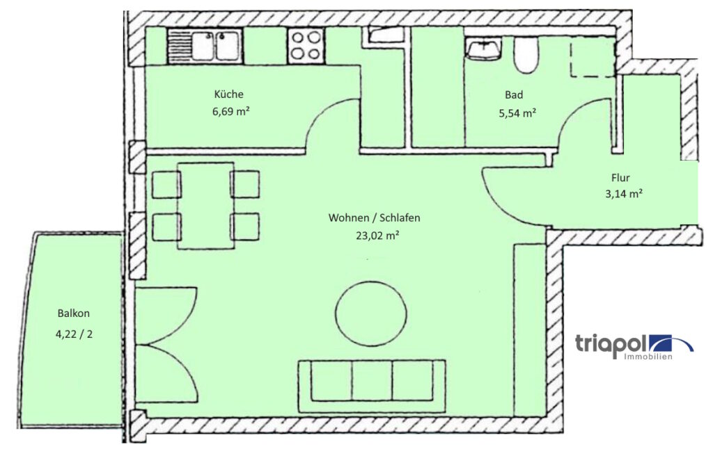 Grundriss: Hübsche 1-Zi-Wohnung mit Balkon in Coswig.